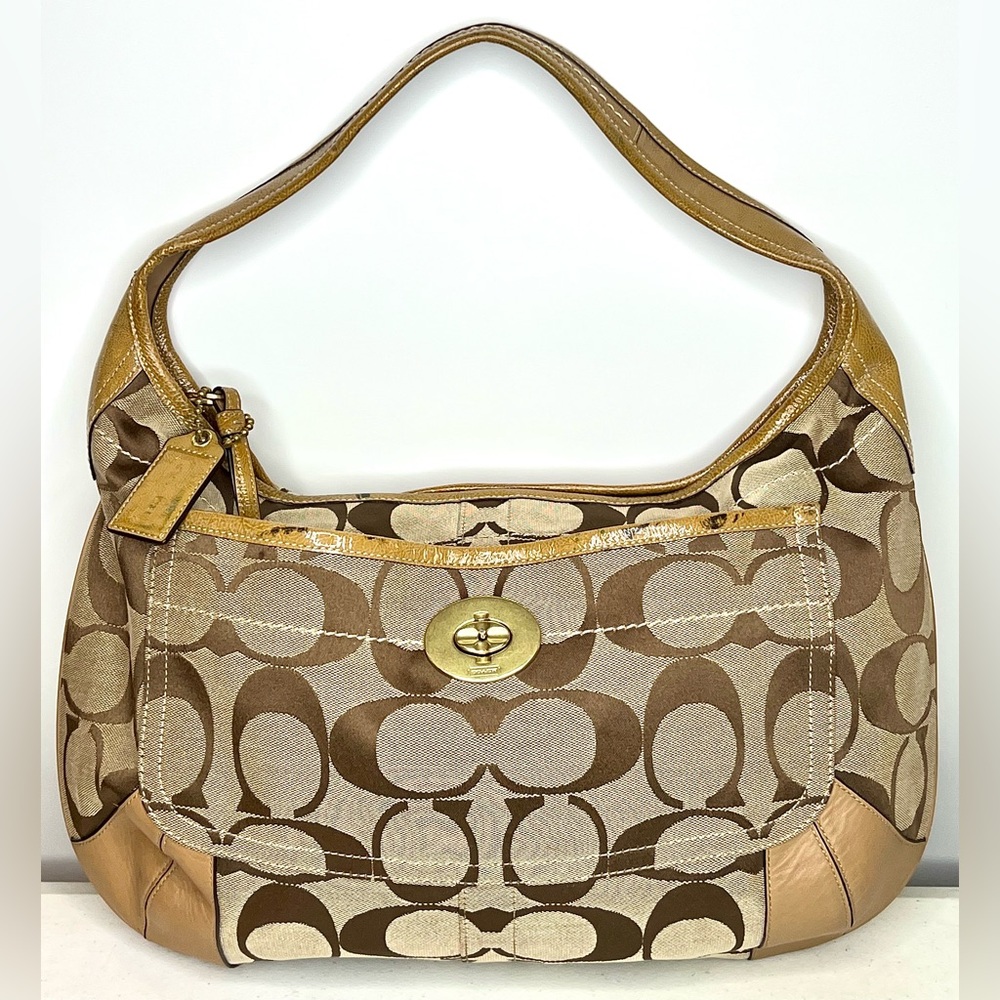 Coach Tan and Gold Signature Clasp Bag